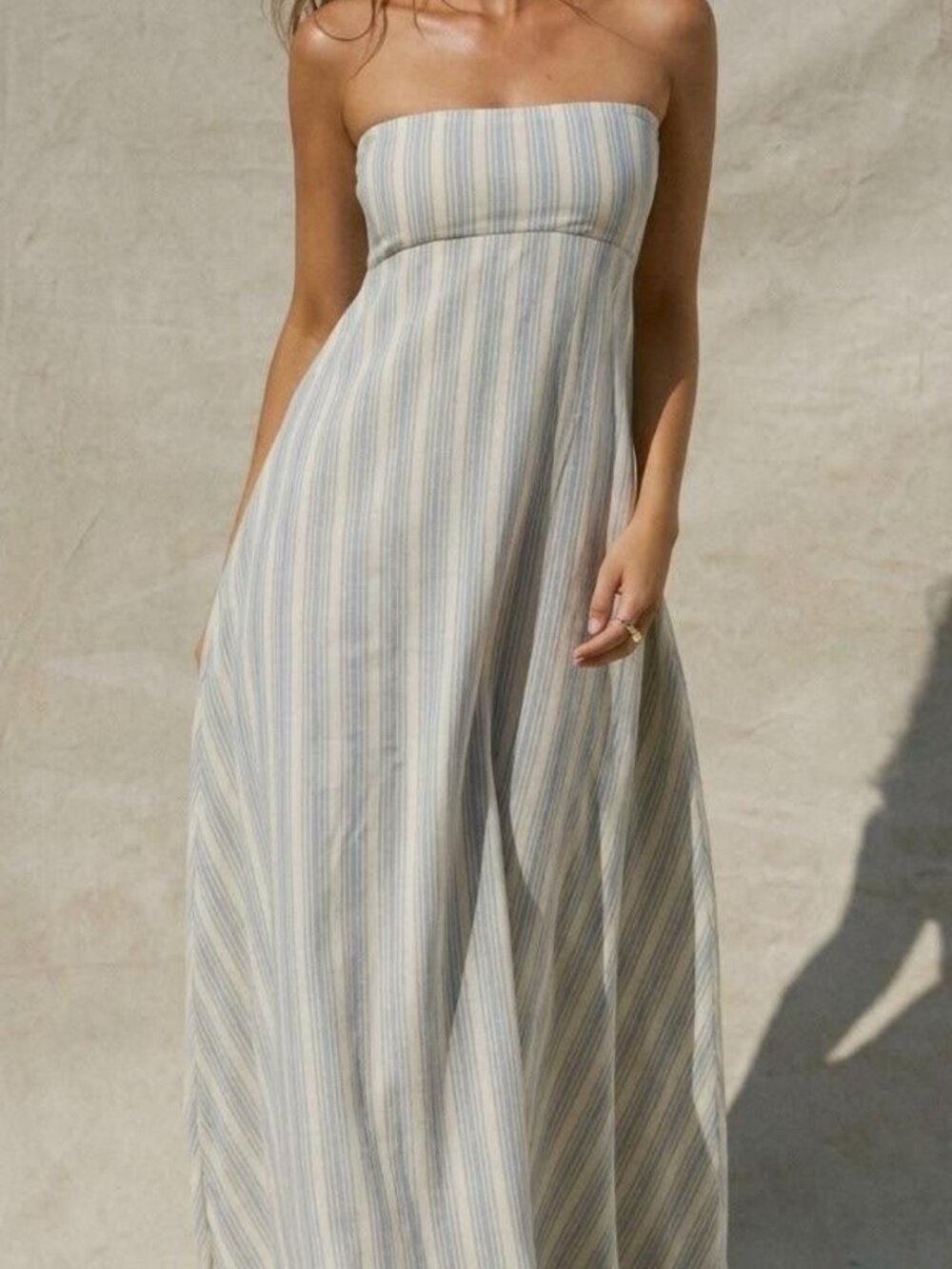 NWT Joah Brown Essential Maxi Dress Striped Strapless S Blue Cream Hemp